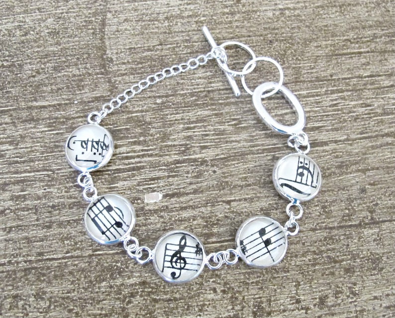 Music Bracelet Gift Jewelry Vintage Sheet Jewellery Musician Musical Notes Treble Clef Bass For Women Silver Tennis Round Handmade image 2