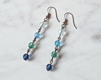 Blue Swarovski Crystal Earrings Long Drop Sapphire Aqua Ombre Jewellery Dangle For Women Shoulder Duster September Birthstone