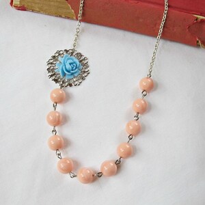 Blue Peach Botanical Jewelry Necklace Jewellery Coral Pastel Asymmetrical For Women Her Vintage Rose Candy Silver Boho Beaded Handmade image 4