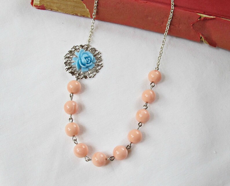 Blue Peach Botanical Jewelry Necklace Jewellery Coral Pastel Asymmetrical For Women Her Vintage Rose Candy Silver Boho Beaded Handmade image 4