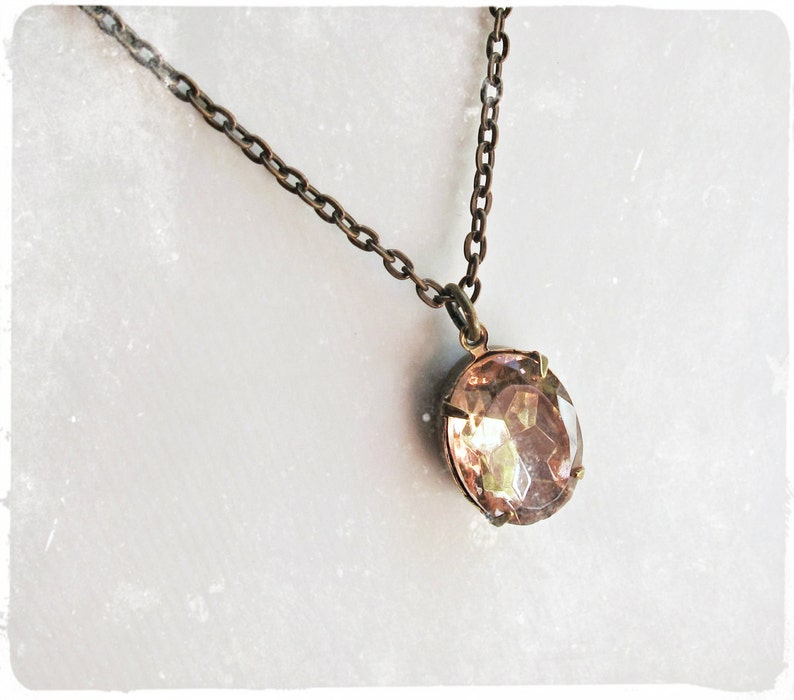 Peach Vintage Crystal Jewelry Necklace Pink Jewellery For Women Her Brass Dainty Delicate Estate Style Glass Solitaire Pendant Gift image 2