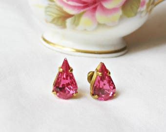 Rose Pink Teadrop Earrings Jewelry Ear Studs Vintage Fuchsia Glass Pear Glam Jewellery For Women Teens Small Sparkly Bridesmaid Crystal