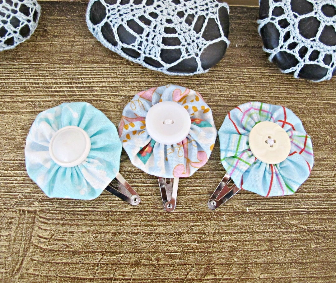 Blue Yoyo Snap Clips for Girls Set Yo Yo Children Barrettes Flower Girl Gift Pastel Plaid Floral