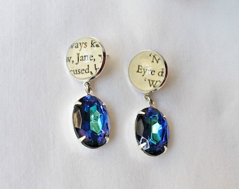 Something Blue Bridal Earrings Jewelry Jane Austen Eyre Charlotte Bronte Anne of Green Gables Earrings Vintage Style Crystal Women Bookworm