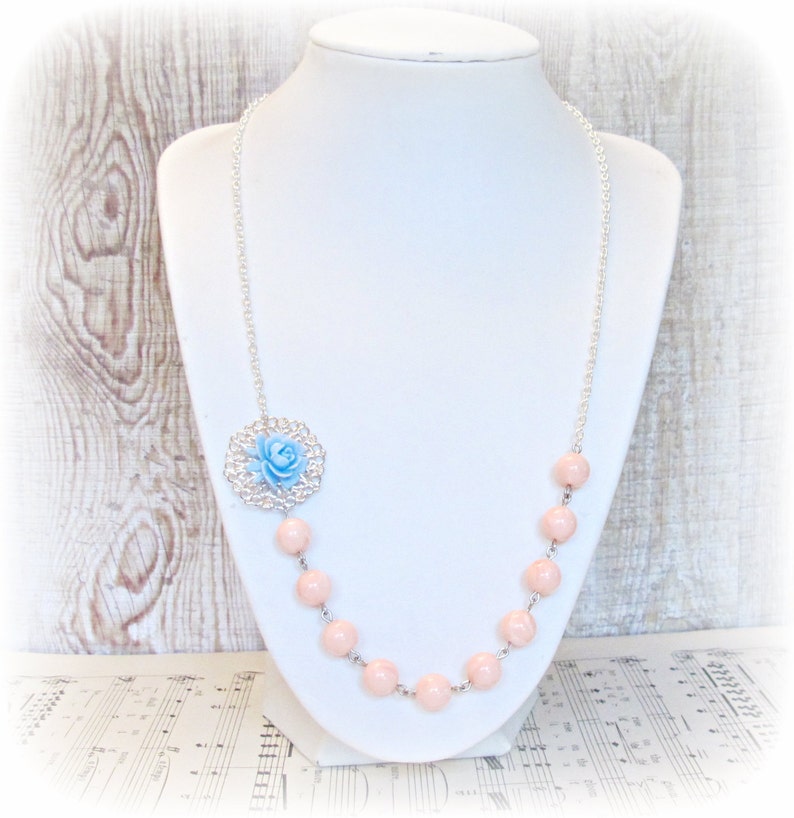 Blue Peach Botanical Jewelry Necklace Jewellery Coral Pastel Asymmetrical For Women Her Vintage Rose Candy Silver Boho Beaded Handmade image 8