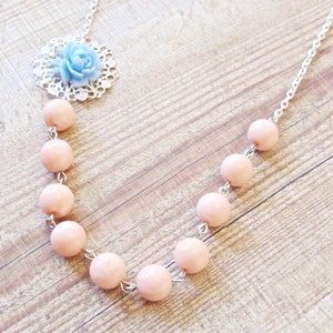 Blue Peach Botanical Jewelry Necklace Jewellery Coral Pastel Asymmetrical For Women Her Vintage Rose Candy Silver Boho Beaded Handmade image 5