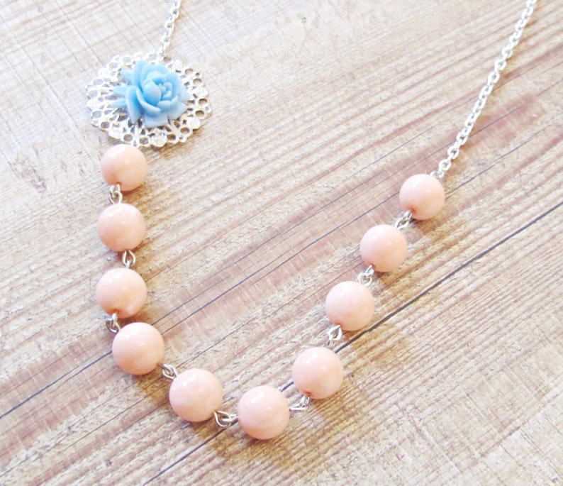 Blue Peach Botanical Jewelry Necklace Jewellery Coral Pastel Asymmetrical For Women Her Vintage Rose Candy Silver Boho Beaded Handmade image 5