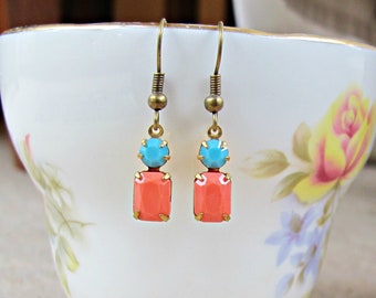 Orange and Turquoise Earrings Jewelry Coral Red Vintage Glass Jewellery Crystal Multicoloured Multicolored Dangle Drop For Her Women