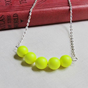 Neon Yellow Bar Necklace Silver Fluoro Swarovski Pearl Jewellery Fluorescent Summer Bright Girls Teens