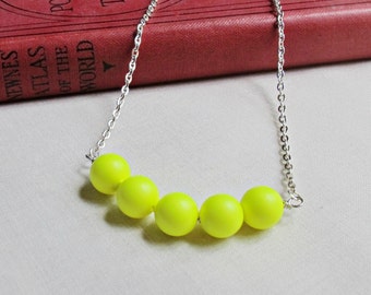 Neon Yellow Bar Necklace Silver Fluoro Swarovski Pearl Jewellery Fluorescent Summer Bright Girls Teens