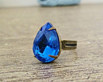 Sapphire Blue Cocktail Ring Jewellery Estate Style Vintage Glass Teardrop Pear For Women Crystal Statement Bridesmaid Something