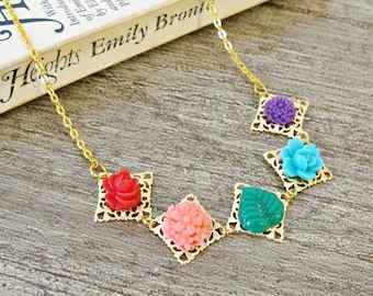 Boho Botanical Jewelry Necklace Rainbow Jewellery Floral Gold Chic For Her Festival Delicate Dainty Bohemian Women Teen Diamond Square Doily