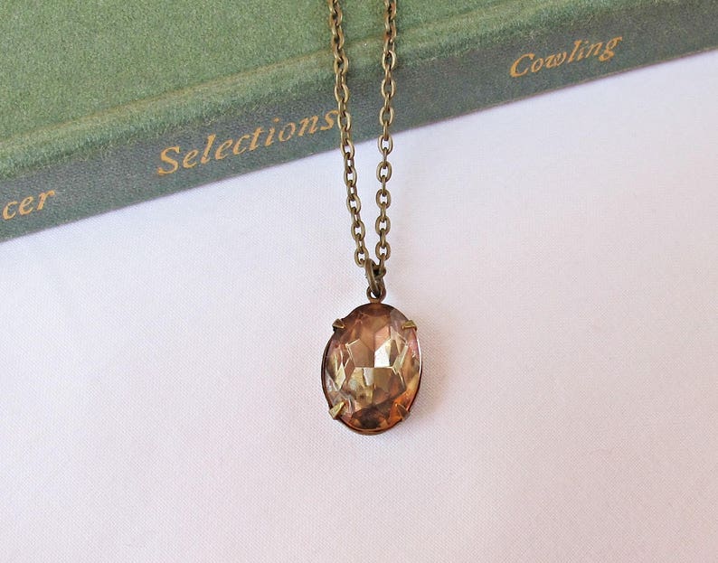 Peach Vintage Crystal Jewelry Necklace Pink Jewellery For Women Her Brass Dainty Delicate Estate Style Glass Solitaire Pendant Gift image 3