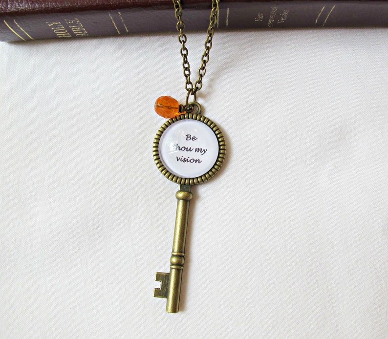 Christian Hymn Necklace Skeleton Key Quote Inspirational Jewellery Be Still My Soul How Great Thou Art Blessed Assurance Thou My Vision image 4
