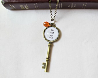 Christian Hymn Necklace Skeleton Key Quote Inspirational Jewellery Be Still My Soul How Great Thou Art Blessed Assurance Thou My Vision