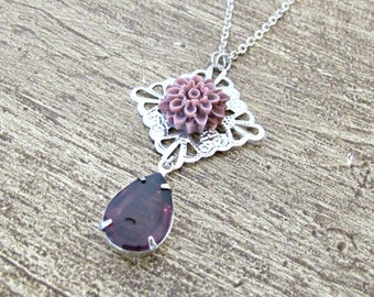 Amethyst Purple Necklace Botanical Jewelry Jewellery Vintage Glass Crystal Flower Victorian Bridal Wedding Teardrop Pear For Women Gift