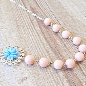 Blue Peach Botanical Jewelry Necklace Jewellery Coral Pastel Asymmetrical For Women Her Vintage Rose Candy Silver Boho Beaded Handmade image 6