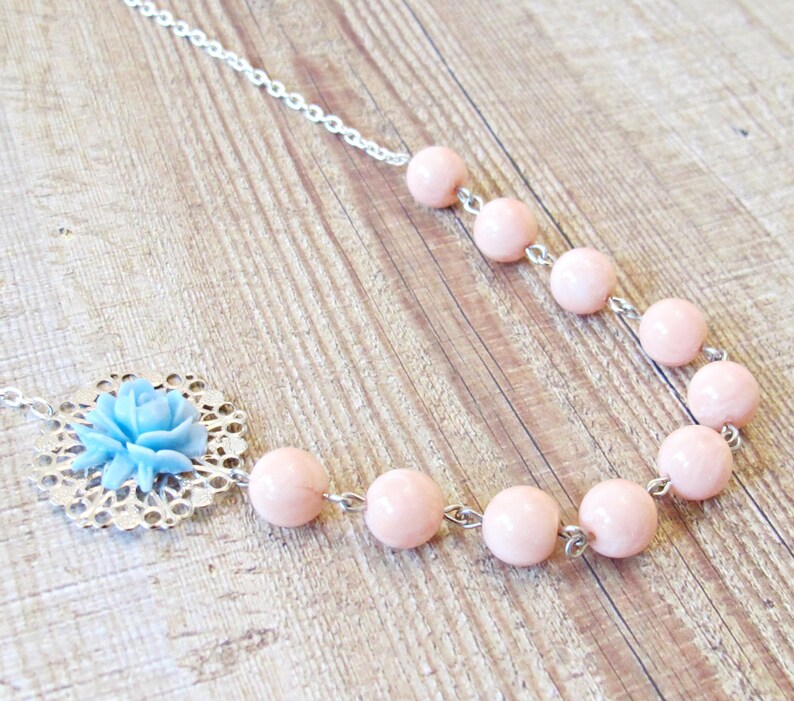 Blue Peach Botanical Jewelry Necklace Jewellery Coral Pastel Asymmetrical For Women Her Vintage Rose Candy Silver Boho Beaded Handmade image 6