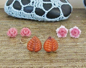 Botanical Earring Set Ear Studs For Women Pink Orange Vintage Flower Floral Jewellery Jewelry Gift Teens Leaf Chunky Party Favour