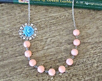 Blue Peach Botanical Jewelry Necklace Jewellery Coral Pastel Asymmetrical For Women Her Vintage Rose Candy Silver Boho Beaded Handmade