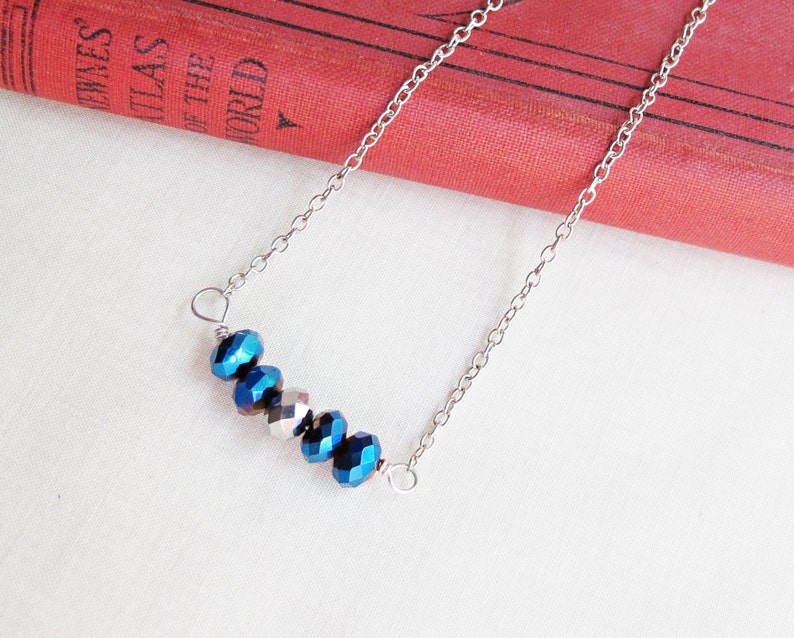 Blue Metallic Beaded Bar Necklace Electric Jewelry Silver Jewellery For Women Teens Her Dainty Minimalist Beaded Handmade Gift Chain image 4