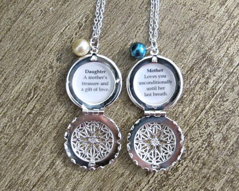 Mother Daughter Necklace Set Quote Locket Silver Filigree Customized