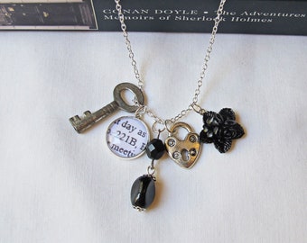 Sherlock Holmes Charm Necklace Jewelry Black Beaded Skeleton Key Assemblage Jewellery 221B Sherlocked