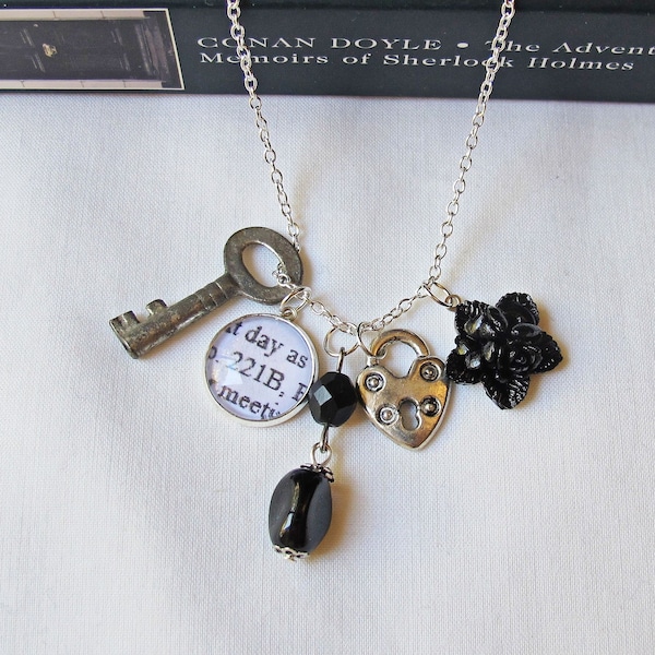 Sherlock Holmes Charm Necklace Jewelry Black Beaded Skeleton Key Assemblage Jewellery 221B Sherlocked