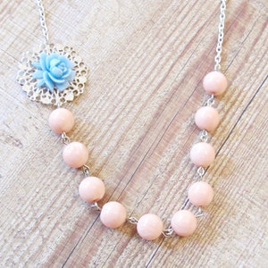 Blue Peach Botanical Jewelry Necklace Jewellery Coral Pastel Asymmetrical For Women Her Vintage Rose Candy Silver Boho Beaded Handmade image 7