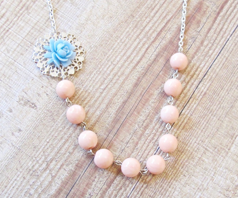 Blue Peach Botanical Jewelry Necklace Jewellery Coral Pastel Asymmetrical For Women Her Vintage Rose Candy Silver Boho Beaded Handmade image 7