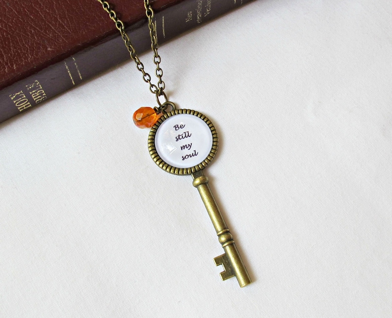 Christian Hymn Necklace Skeleton Key Quote Inspirational Jewellery Be Still My Soul How Great Thou Art Blessed Assurance Thou My Vision image 3