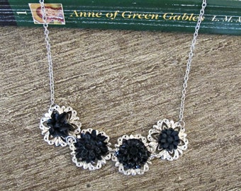 Botanical Necklace Black Flower Jewelry Jewellery Floral Silver Boho Bohemian For Women Chic Monochrome Chain Birthday Her Handmade Doilies