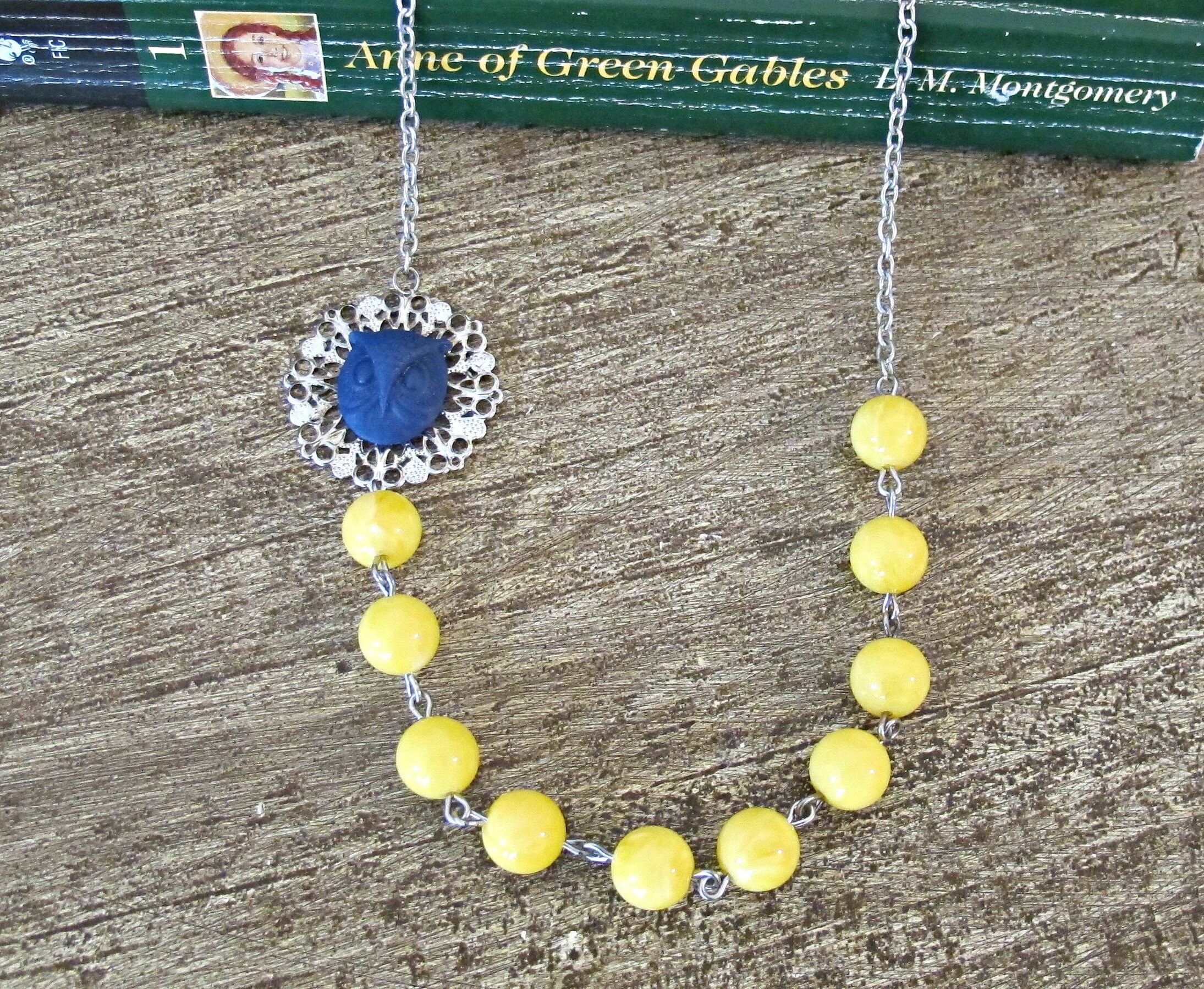Yellow Bead Necklace: Navy Owl, Silver Filigree, Boho Chic