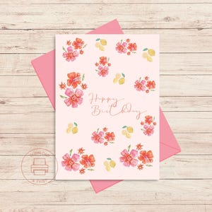 Cartão de aniversário digital estético para o verão | Cartão de aniversário brilhante com limão rosa e flores para o verão