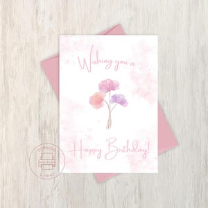 Cartão de aniversário floral aquarela para impressão | 5x7, cartão rosa e laranja simplista com flores