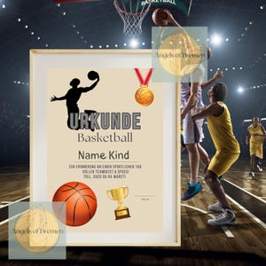 Könnte beinhalten: Ein gerahmtes Zertifikat mit Basketball-Motiv. Das Zertifikat zeigt eine Silhouette eines Spielers, einen Basketball, eine Goldmedaille und eine Trophäe. Der Text auf dem Zertifikat lautet "URKUNDE Basketball Name Kind". Der Hintergrund zeigt ein laufendes Basketballspiel.