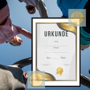 Puede incluir: Un certificado enmarcado con la palabra alemana "URKUNDE" en la parte superior. El certificado tiene un diseño dorado y blanco con espacio para detalles. La imagen incluye personas con ropa deportiva.