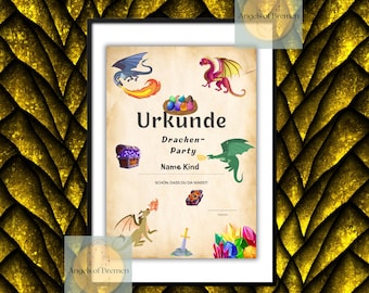 Op de afbeelding: Een printbaar certificaat met een draakthema. Het certificaat heeft een bruine achtergrond met een gouden rand. Het staat er "Urkunde" op, wat Duits is voor "Certificaat". De tekst zegt "Drachen-Party", wat Duits is voor "Drakenfeest". Het certificaat heeft ruimte voor de naam van het kind en de datum.