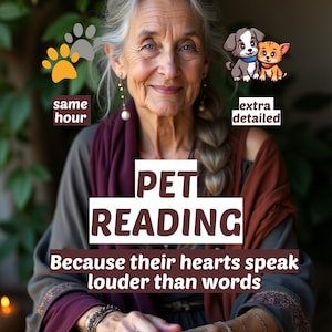 Pode incluir: Uma mulher idosa sorrindo com cabelo grisalho e uma trança, usando um cachecol bordô e uma blusa escura. A imagem inclui o texto "PET READING" e "Because their hearts speak louder than words". Há também imagens de desenho animado de um cachorro e um gato.