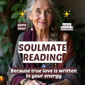 May include: An image featuring an older woman with gray hair, wearing a maroon scarf and a patterned top. The text overlay reads "SOULMATE READING" and "Because true love is written in your energy."