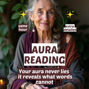 May include: An older woman with gray hair and a warm smile is the focal point. The image includes text that reads "AURA READING" and "Your aura never lies it reveals what words cannot."
