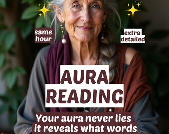 Peut inclure: Une femme âgée souriante aux cheveux gris est au centre de l'image. Le texte indique "AURA READING" et "Your aura never lies it reveals what words cannot."