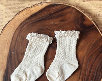 Vintage Lace-Trimmed Baby Socks- Cream l Baby girl socks l Lace Socks
