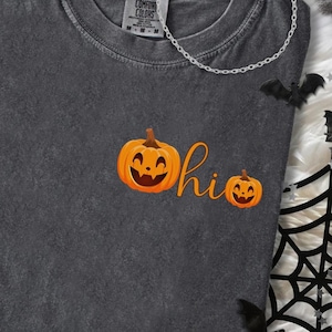 May include: A dark gray t-shirt with an embroidered orange jack-o'-lantern and the word "Ohio" in orange script. The shirt is on a white fluffy surface, decorated with Halloween-themed bats and a spiderweb.