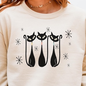 Mid Century Modern Cat Shirt, Retro Black Cats Tee, Atomic Starburst Design, Vintage Mod Kitty Trio Top, Aesthetic Cat Lover Gift