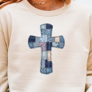 Faux Denim Patchwork Cross Sweatshirt l  l Christian Faith Pullover l Religious Gift for Her l Faith Based Apparel l Religious Crewneck