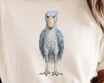 Shoebill Stork T-Shirt l Watercolor Bird Shirt l Prehistoric Bird Tee l Unique Wildlife Gift l Nature Lover Apparel l Blue Stork Graphic Top