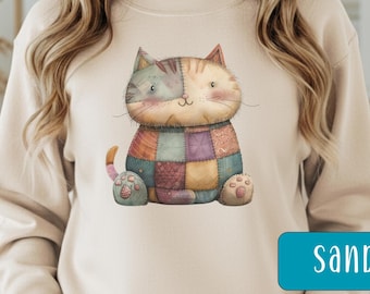 Faux Patchwork Cat Sweatshirt l Gift for Cat Lovers l Patchwork Sweater l Kawaii Aesthetic l Cozy Crewneck Sweatshirt l Cat Mom Shirt