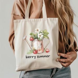Berry Summer Gardener Tote Bag - Strawberry Floral Canvas Bag, Canvas Tote Bag, Cute Gift for Her, Reusable Tote Bag, Aesthetic, Gardener