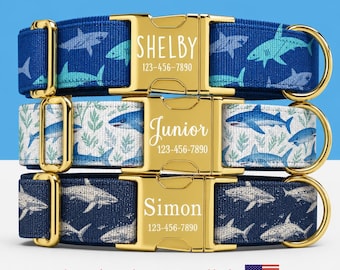 Shark Print Dog Collar with Name l Personalized Engraved Buckle l Adjustable l Heavy Duty l Gift for Boy or Girl Dog l Sizes Small to XL